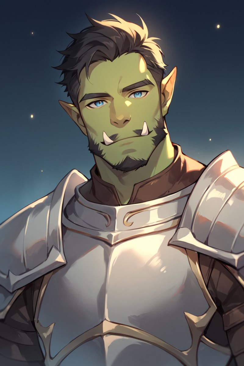score_9, score_8_up, score_7_up, rating_safe, 1boy, solo, male focus, mature male, orc, green skin, tusks, blue eyes, shor...